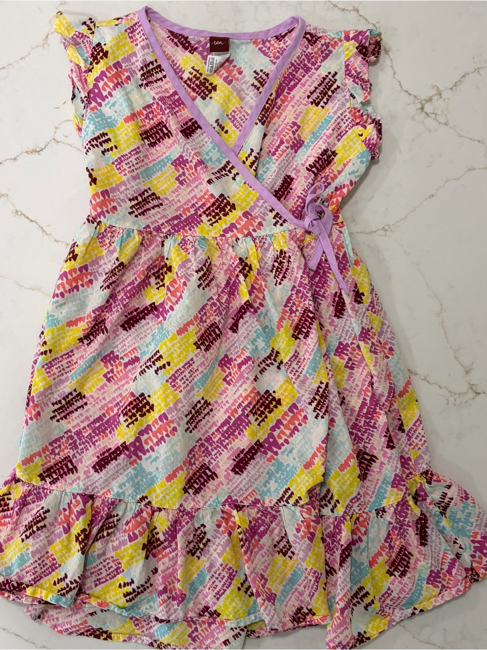 Tea Collection Wrap Dress Size 7 Ruffle Sleeve Tiered Hem Multicolor